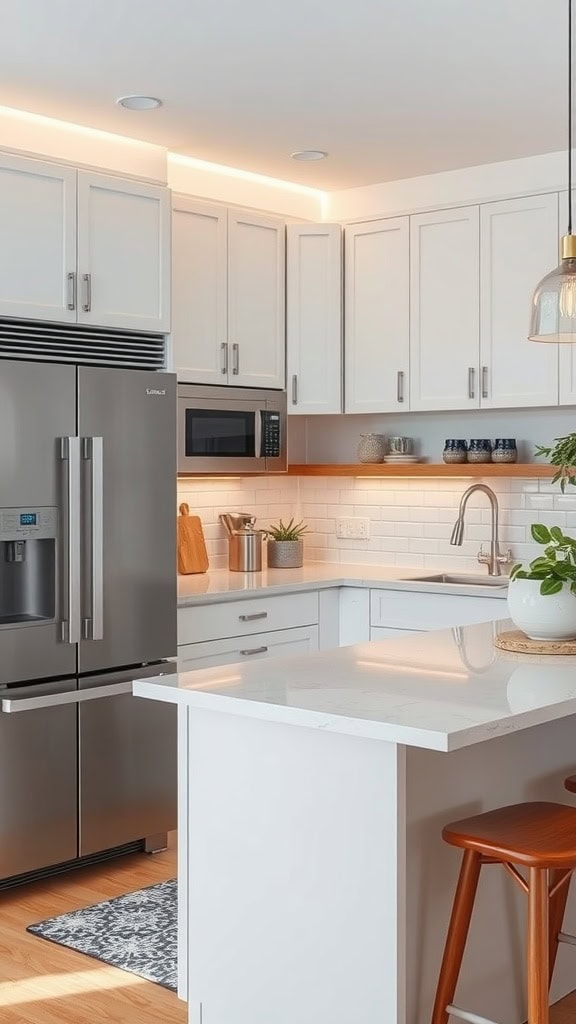 Modern coastal kitchen with integrated technology, featuring stainless steel appliances and clean cabinetry.