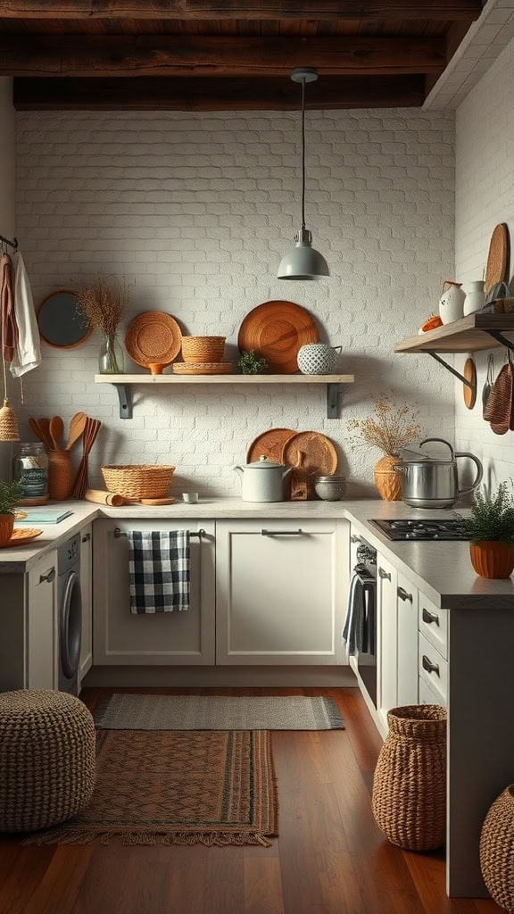 A coastal kitchen featuring layered textures with wooden shelves, woven baskets, and decorative kitchenware.
