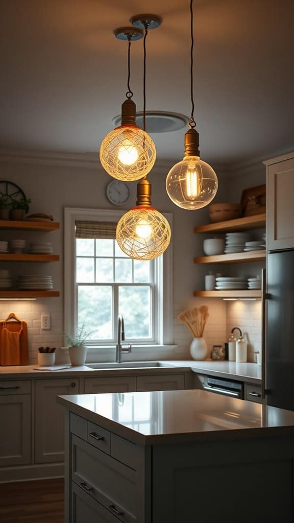 Three marine-inspired pendant lights hanging over a kitchen island, showcasing a modern coastal design.