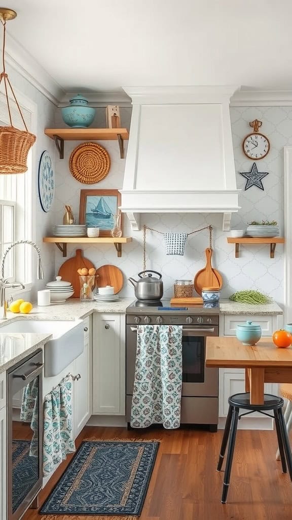 A bright coastal kitchen featuring a mix of patterns and textures, including patterned curtains, woven decor, and wooden shelves.