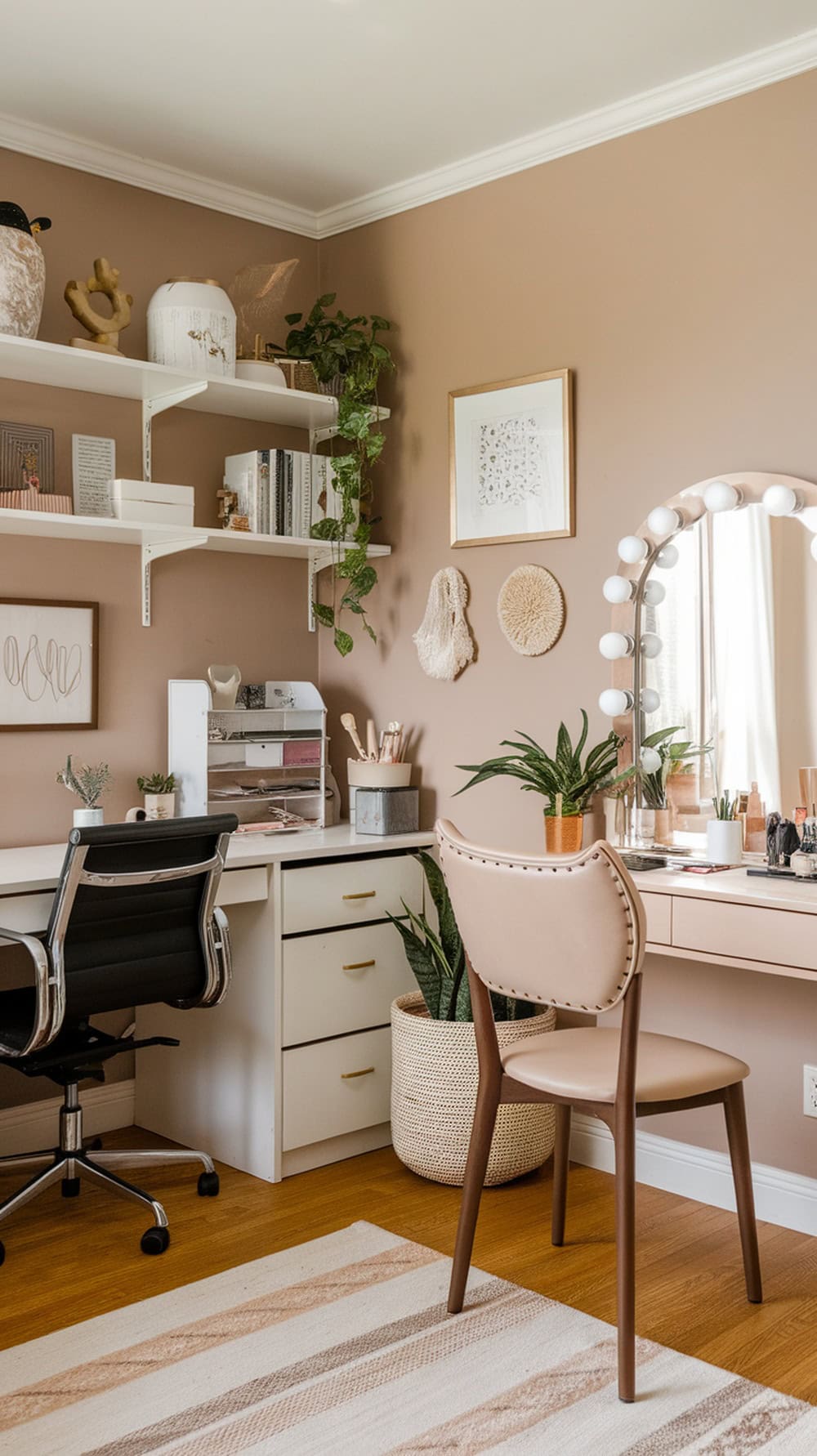 A stylish home office with a desk and a beauty corner featuring a large mirror, plants, and organized storage.