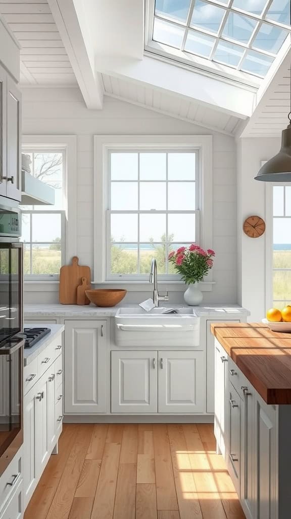 Bright coastal kitchen with large windows and skylight, featuring white cabinetry and wooden countertops.