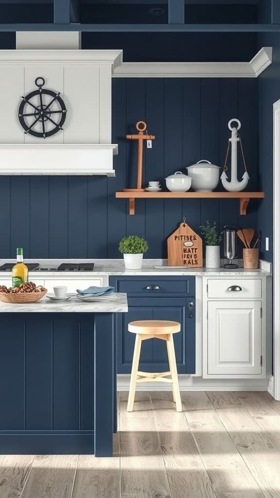 A coastal kitchen featuring navy blue walls, white cabinets, and nautical decor.