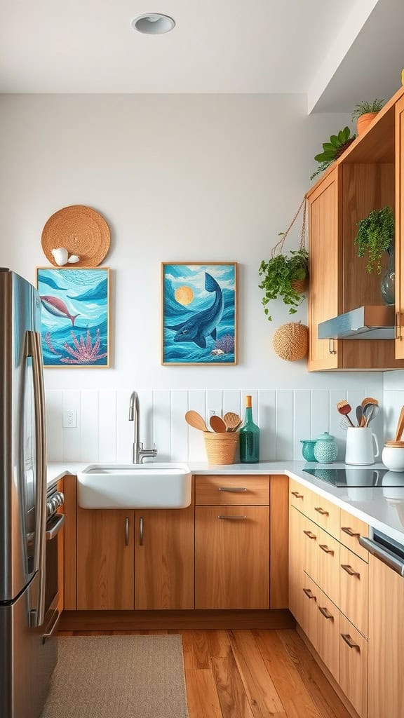 Coastal kitchen with ocean-inspired artwork on the walls and wooden cabinetry.