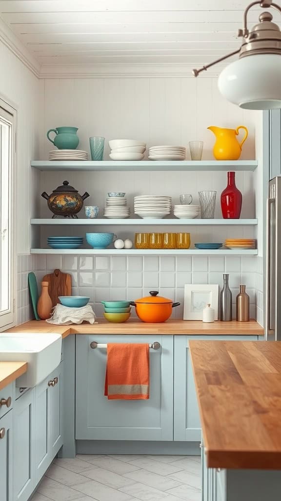 A coastal kitchen featuring open shelving with a variety of colorful dishes and kitchenware.