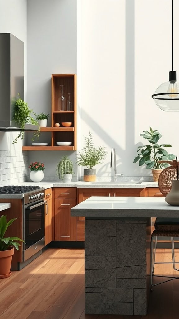 Coastal kitchen featuring wooden cabinets, stone countertop, and indoor plants