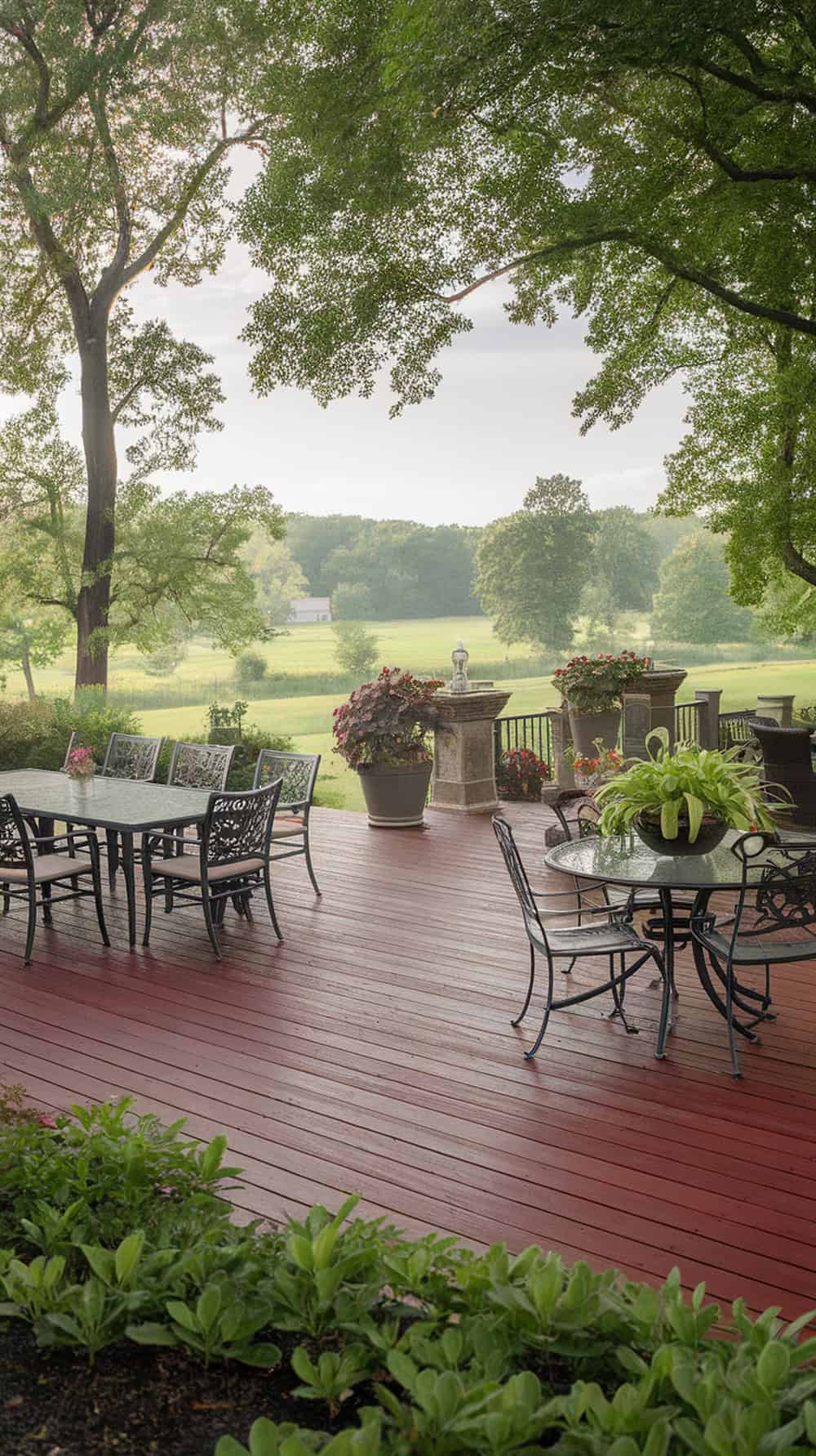 A beautiful outdoor patio deck stained in rich mahogany, surrounded by greenery and elegant seating.