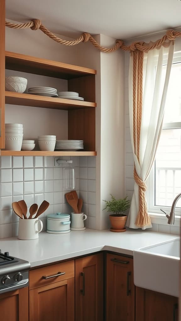 A cozy kitchen featuring rope accents in the curtains and warm wooden cabinets.