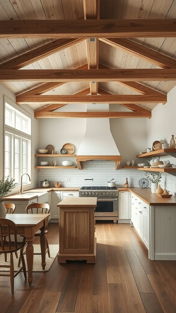 A cozy kitchen with rustic wood beams and flooring, featuring open shelves and a wooden table.