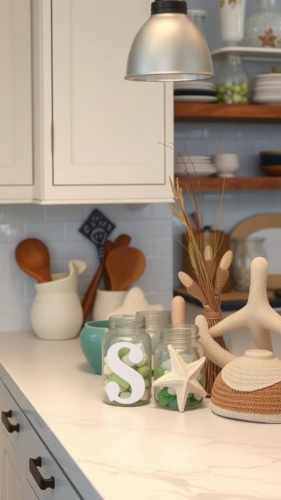 A coastal kitchen countertop featuring sea glass accents in jars, a starfish, and natural decor elements.