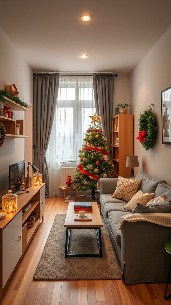 A cozy small apartment decorated for Christmas with a tree and festive decor.