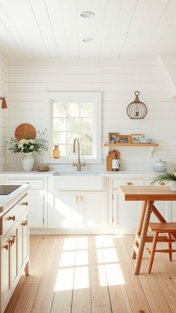 A coastal kitchen with white shiplap walls, natural wood accents, and bright lighting.