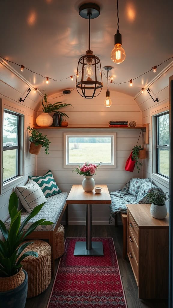 Cozy camper interior with smart lighting fixtures, plants, and a warm ambiance.