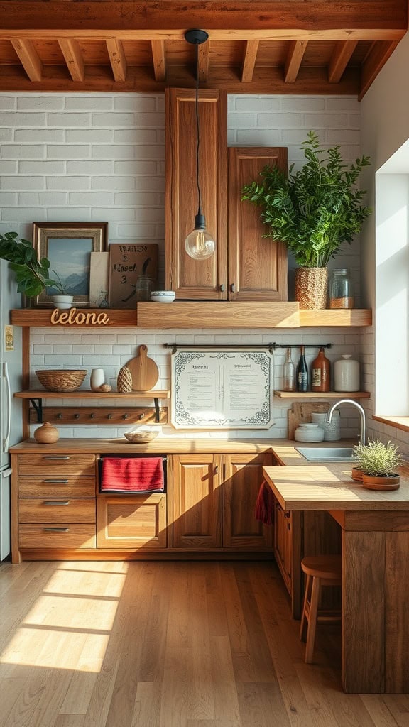 A cozy coastal kitchen featuring wooden cabinetry, natural light, and decorative plants.