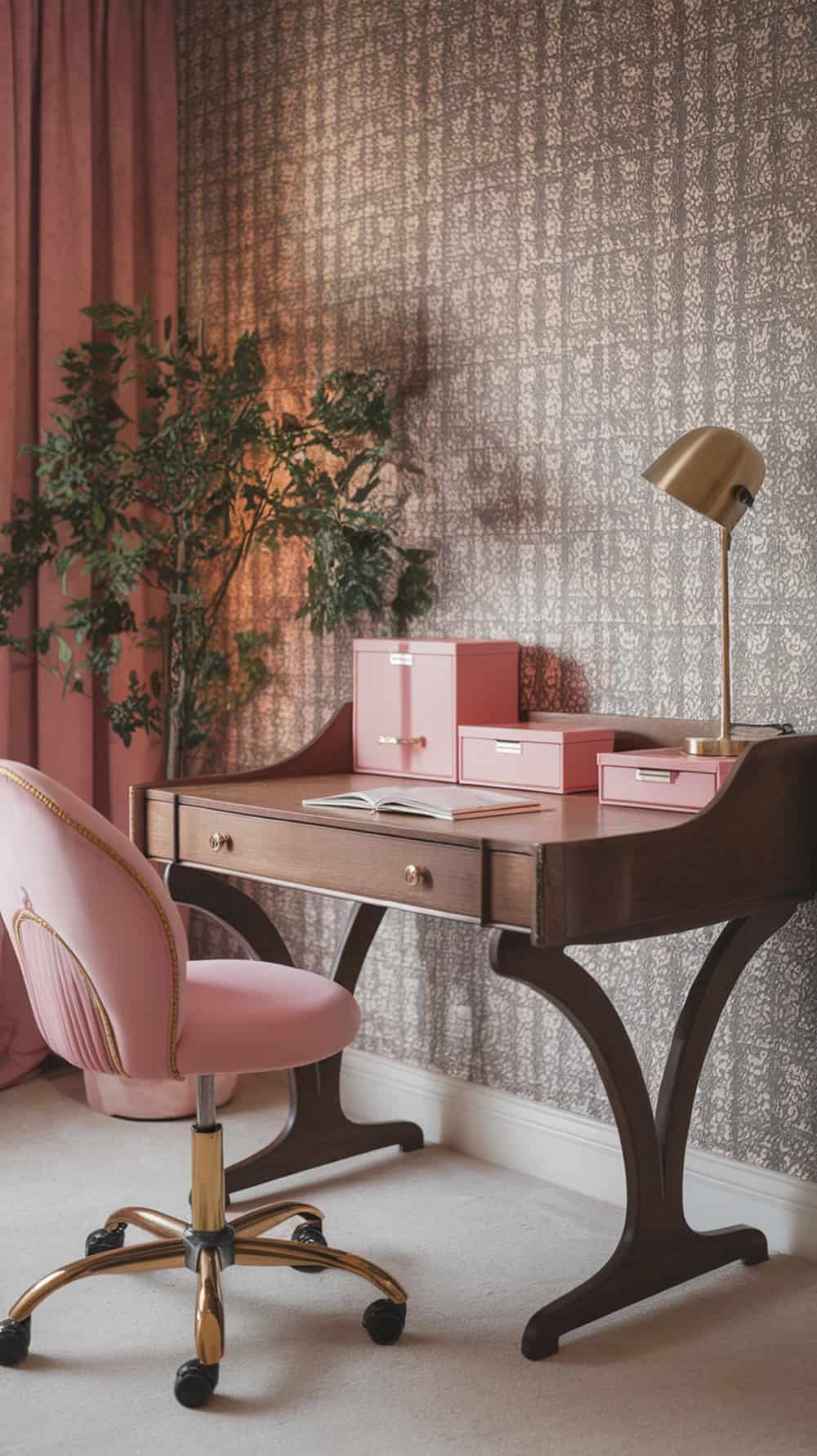 A vintage-style home office with a wooden desk, pink chair, and stylish storage boxes.