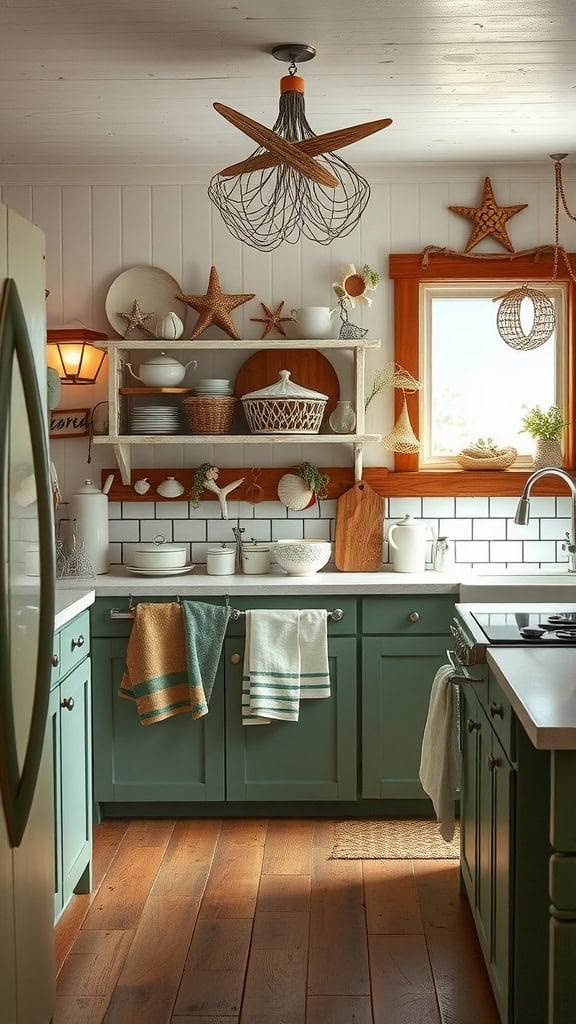 A cozy coastal kitchen with teal cabinets, vintage decor, and natural elements.