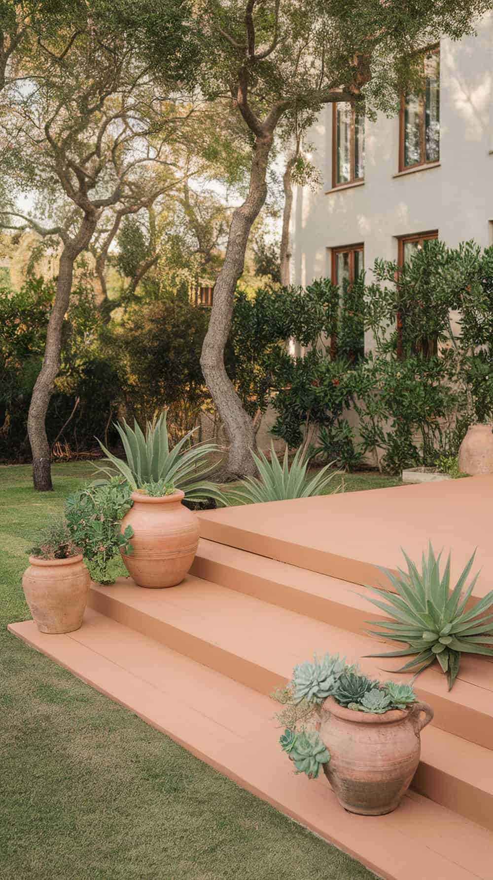 A warm terracotta deck with steps leading up, surrounded by lush greenery and potted plants.