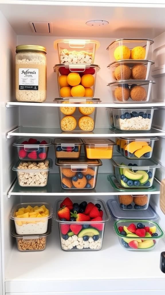 A well-organized fridge filled with healthy breakfast meal prep containers, including fruits and yogurt.