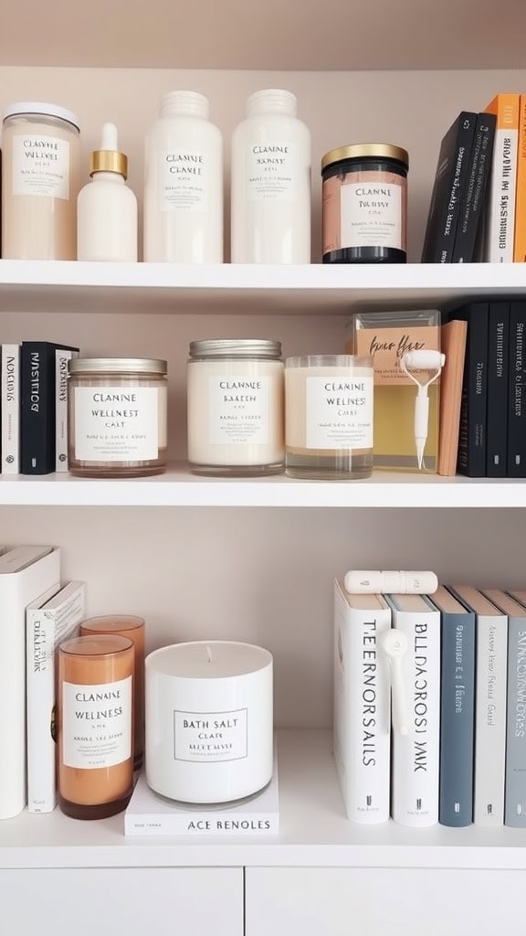 A neatly organized shelf displaying various self-care products including candles and skincare items.
