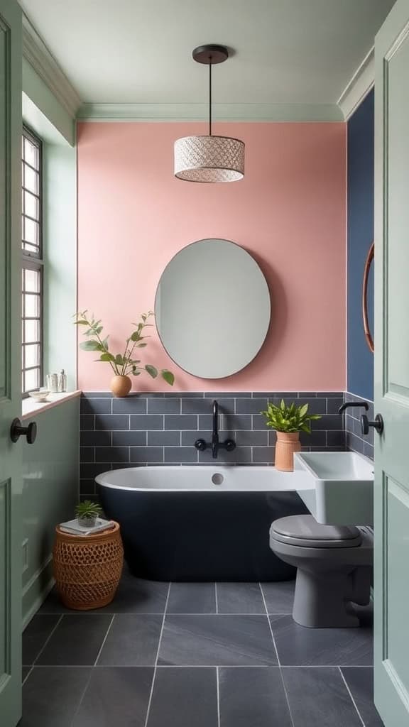 A beautifully designed bathroom featuring a mix of soft green, warm pink, and deep blue colors, with modern fixtures and plants.