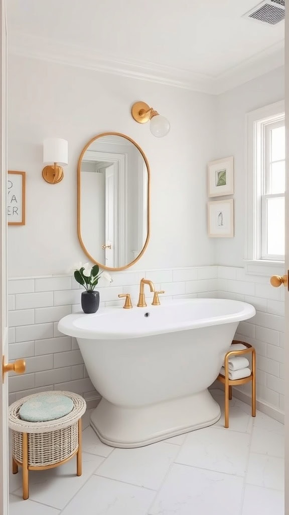 A stylish bathroom featuring a freestanding tub, gold fixtures, and a round mirror.
