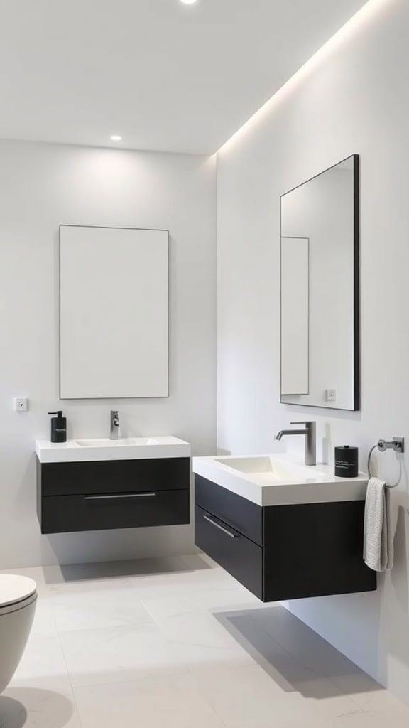 Modern bathroom with floating vanities and large mirrors
