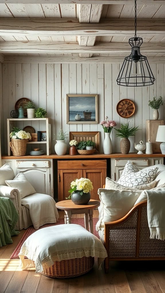 Cozy French farmhouse living room with wooden beams, soft furniture, and decorative elements.