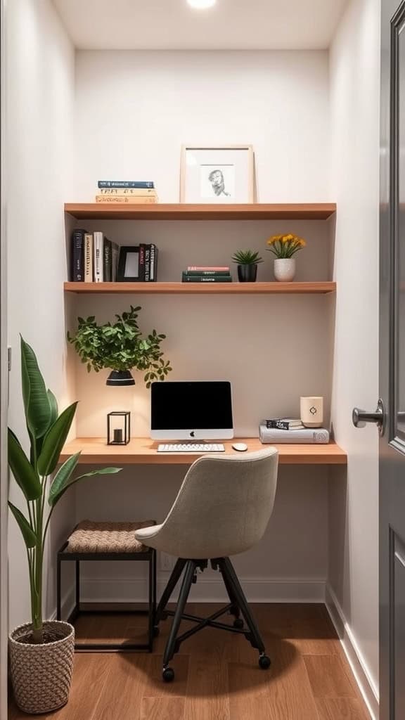 Cozy home office setup in a small space with desk, chair, and shelves.