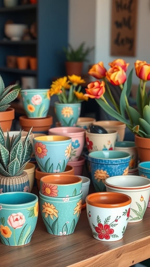 A collection of colorful ceramic plant pots with various floral designs, displayed on a wooden table.