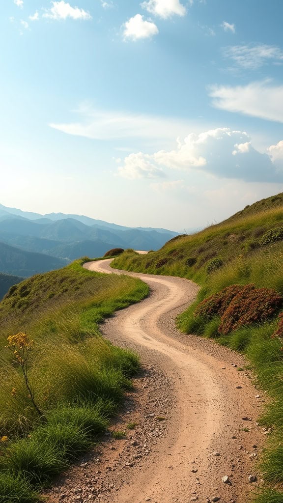 A winding dirt path through a grassy landscape with mountains in the background under a clear blue sky.