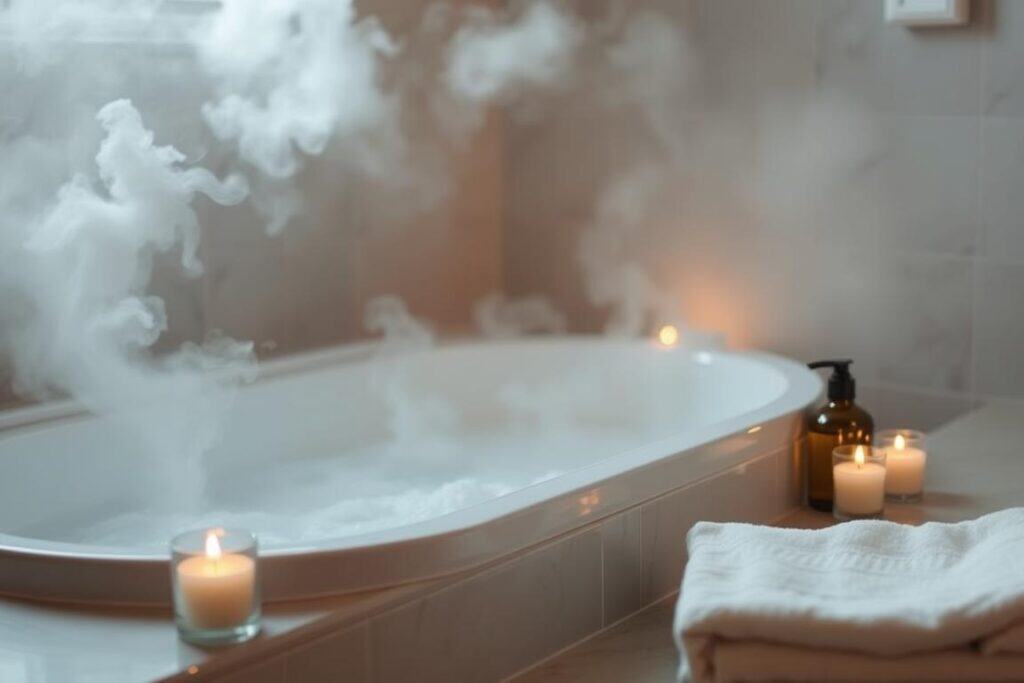 A bathroom with a warm bath prepared with candles and bath salts for self-care after work