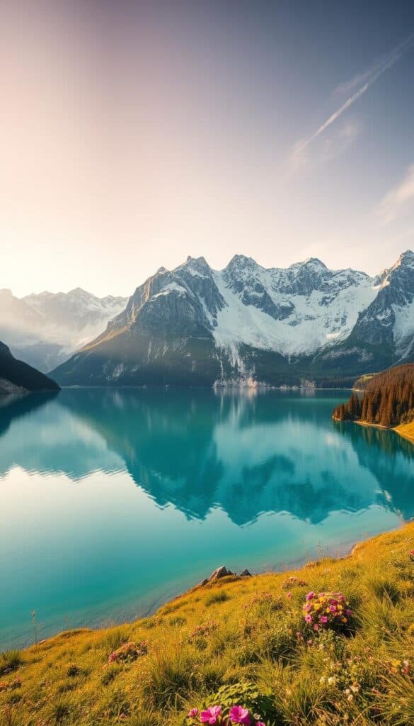 A breathtaking vista of Lake Seealpsee nestled in the majestic Appenzell Alps of Switzerland. The serene, turquoise waters reflect the towering, snow-capped peaks of the Alpstein Massif, creating a mirror-like surface that appears to seamlessly blend the sky and land. Gentle ripples dance across the surface, catching the warm, golden glow of the afternoon sun. Lush, verdant alpine meadows frame the lake's edge, dotted with vibrant wildflowers. A sense of peaceful tranquility pervades the scene, inviting the viewer to immerse themselves in the natural splendor of this enchanting alpine landscape.