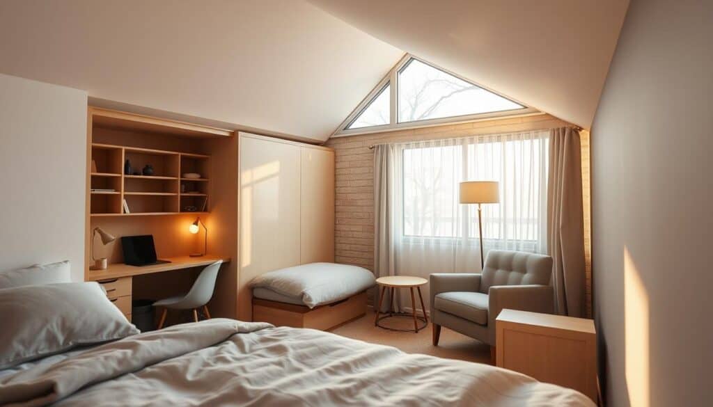 A cozy and well-organized low-ceiling bedroom, flooded with warm, natural light from a large window. In the foreground, a space-saving murphy bed folds down, revealing a compact desk and storage cubbies. Strategically placed shelves and wall-mounted lamps create the illusion of height. The middle ground features a minimalist, Scandinavian-inspired side table and a plush, tufted armchair. In the background, a neutral-toned, textured accent wall complements the soft grey bedding and sheer curtains, establishing a serene and airy atmosphere. The overall scene conveys efficient use of limited space through intelligent furniture choices and clever design elements.