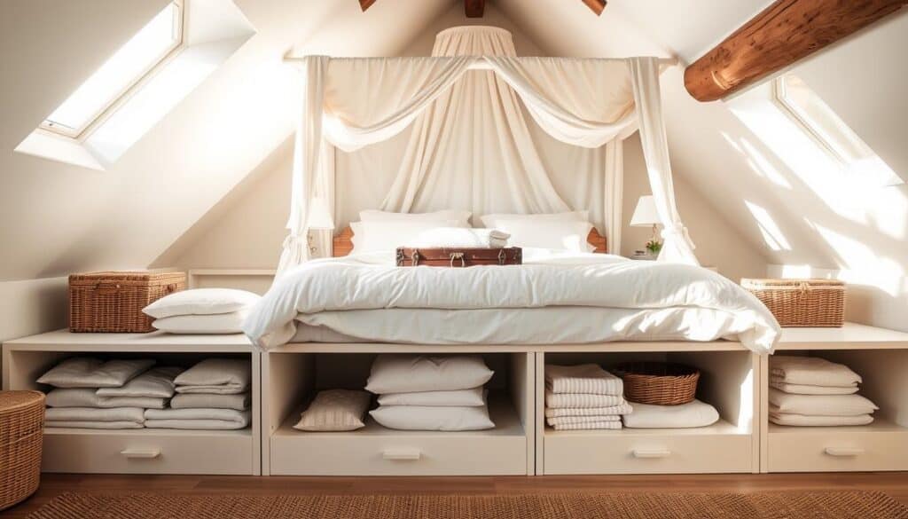 A cozy attic bedroom with neatly organized storage solutions under a plush, canopy-style bed. The room is bathed in soft, natural light filtering through large, arched windows, casting a warm, inviting glow. Crisp white linens and rustic wood accents create a serene, Scandinavian-inspired aesthetic. In the foreground, custom-built drawers and shelves beneath the bed provide ample space for linens, clothing, and seasonal items. The middle ground features a vintage steamer trunk and woven baskets, while the background showcases charming eaves and exposed beams. An atmosphere of tranquility and efficient organization pervades the scene.