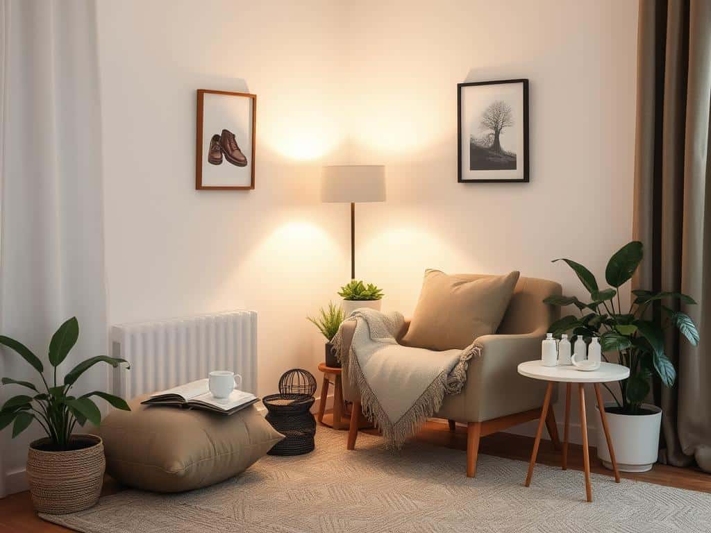 A cozy calm zone with soft lighting, comfortable seating and calming elements for self-care after work