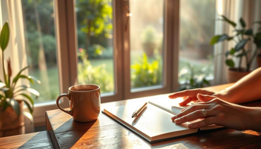 A cozy home office scene, bathed in warm morning light. In the foreground, a wooden desk holds a neatly arranged journal, pen, and a steaming mug of coffee. Hands are poised over the journal, ready to capture thoughts and intentions for the day. Behind the desk, a large window overlooks a lush, verdant garden, hinting at the rejuvenating connection with nature. Soft, diffused lighting filters through sheer curtains, creating a serene, meditative atmosphere. The overall mood is one of tranquility, focus, and the ritual of self-care through the practice of morning journaling.
