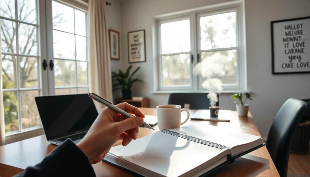 A cozy home office with natural light streaming through large windows, illuminating a neat desk with a laptop, planner, and a steaming mug of coffee. In the foreground, a person's hands hold a pen, jotting down their daily tasks and goals in the planner. Surrounding the desk, motivational wall art and a small potted plant create a serene, productive atmosphere. The overall mood is one of focused organization and intentional planning for the day ahead.