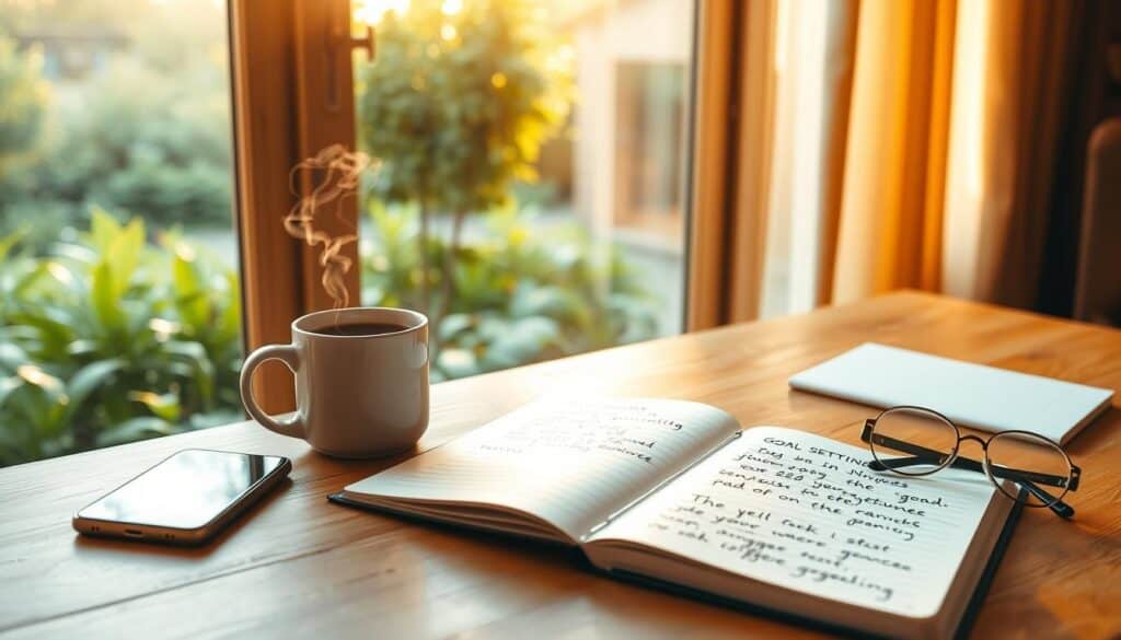 A cozy, sunlit home office with a wooden desk, a mug of steaming coffee, and a notebook open, displaying handwritten goal-setting notes. On the desk, a smartphone displays a calendar app with the date highlighted, and a pair of reading glasses rests nearby. The background features a large window overlooking a lush, verdant garden, bathed in warm, golden natural light filtering through sheer curtains. The overall atmosphere is one of calm, focus, and intentionality, reflecting the subject of goal-setting and morning routine.