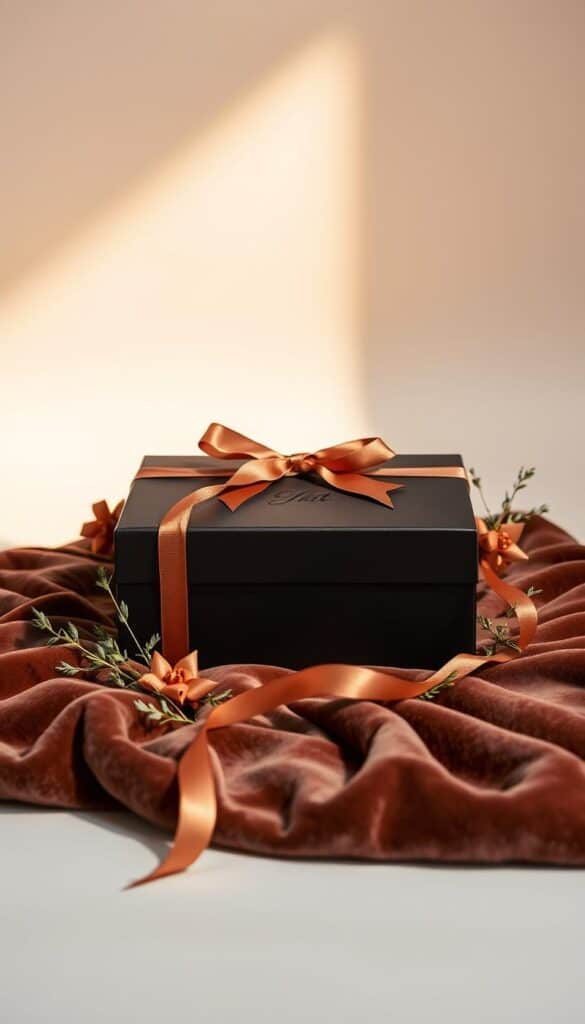 A high-end gift box positioned on a luxurious velvet surface, lit by warm, soft lighting from a 45-degree angle. Delicate ribbons, bows, and sprigs of greenery artfully arranged around the box, creating an elegant, inviting presentation. The box is made of premium materials like matte black or deep brown leather, with a subtle embossed logo or detail. The background is a neutral, minimalist studio setting, allowing the gift box to be the focal point. The overall mood is one of understated sophistication, carefully curated to evoke a sense of exclusivity and premium quality.