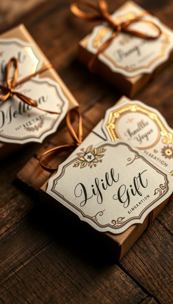 A meticulously crafted close-up shot of an array of custom gift labels, adorned with hand-lettered calligraphy, foil embossing, and intricate patterns. The labels are arranged artfully atop a rustic wooden surface, bathed in warm, diffused lighting that casts gentle shadows, conveying a sense of elegance and attention to detail. The overall composition exudes a tactile, high-end aesthetic, inviting the viewer to imagine the personalized touches that would elevate a simple gift box into a luxurious, bespoke presentation.