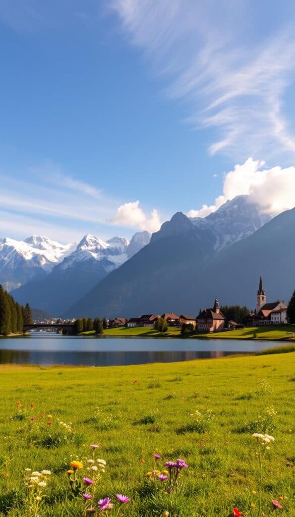 A picturesque landscape of Interlaken, Switzerland, set against the majestic backdrop of the Jungfrau mountain range. In the foreground, a serene lake reflects the towering peaks, their snow-capped summits glowing in the warm afternoon light. Lush, verdant meadows dotted with wildflowers lead the eye towards a quaint village, its charming chalets and church steeples nestled between rolling hills. Wispy clouds drift overhead, casting gentle shadows across the scene. The overall atmosphere is one of tranquility and natural beauty, capturing the essence of the Jungfrau region's breathtaking landscapes.