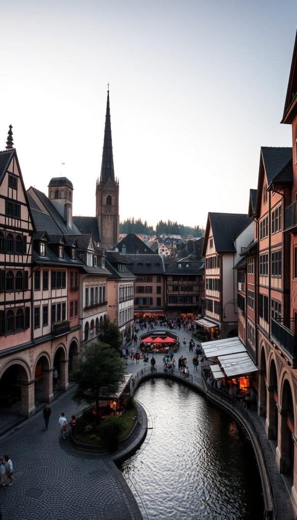 A picturesque medieval town nestled in the heart of Switzerland, Bern's old town is a captivating blend of history and charm. Cobblestone streets wind through a labyrinth of well-preserved buildings, their facades adorned with ornate archways and intricate stonework. Towering spires pierce the sky, casting long shadows over the lively central square, where locals and visitors mingle amidst bustling markets and cozy cafes. The Aare River curves gracefully around the town, its gentle waters reflecting the warm glow of the setting sun. Atmospheric lighting casts a warm, inviting ambiance, inviting the viewer to explore this enchanting Swiss gem.