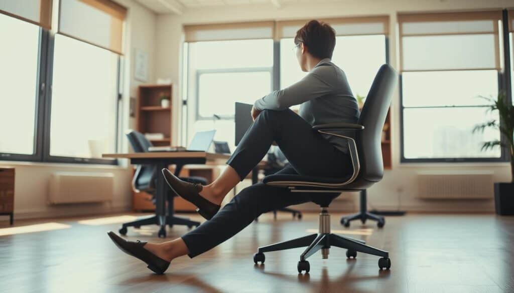 A serene office setting with a person performing a variety of low-impact lower body exercises at their desk. The foreground features a person in business attire sitting upright, with their feet planted firmly on the floor. They are subtly moving their legs, gently lifting and lowering their thighs, engaging their quadriceps and hamstrings. The middle ground showcases the desk, chair, and other office equipment, all bathed in warm, natural lighting that filters in through large windows. The background depicts a cozy, minimalist office space, with muted colors and soft shadows that create a calming, focused atmosphere. The overall scene conveys the effortless integration of simple yet effective desk-based exercises into a professional work environment.