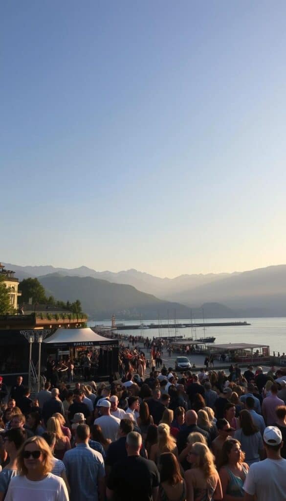 A serene summer evening at the iconic Montreux Jazz Festival, nestled along the shores of the tranquil Lake Geneva in Switzerland. In the foreground, a crowd of music enthusiasts gathers around the festival's iconic main stage, captivated by the soulful melodies drifting through the air. The middle ground features the picturesque Montreux promenade, lined with charming cafes and boutiques, while the distant background showcases the majestic Swiss Alps, their snow-capped peaks casting a warm glow in the setting sun. The scene is bathed in a soft, golden light, creating a nostalgic and inviting atmosphere that perfectly captures the essence of this beloved Swiss cultural event.
