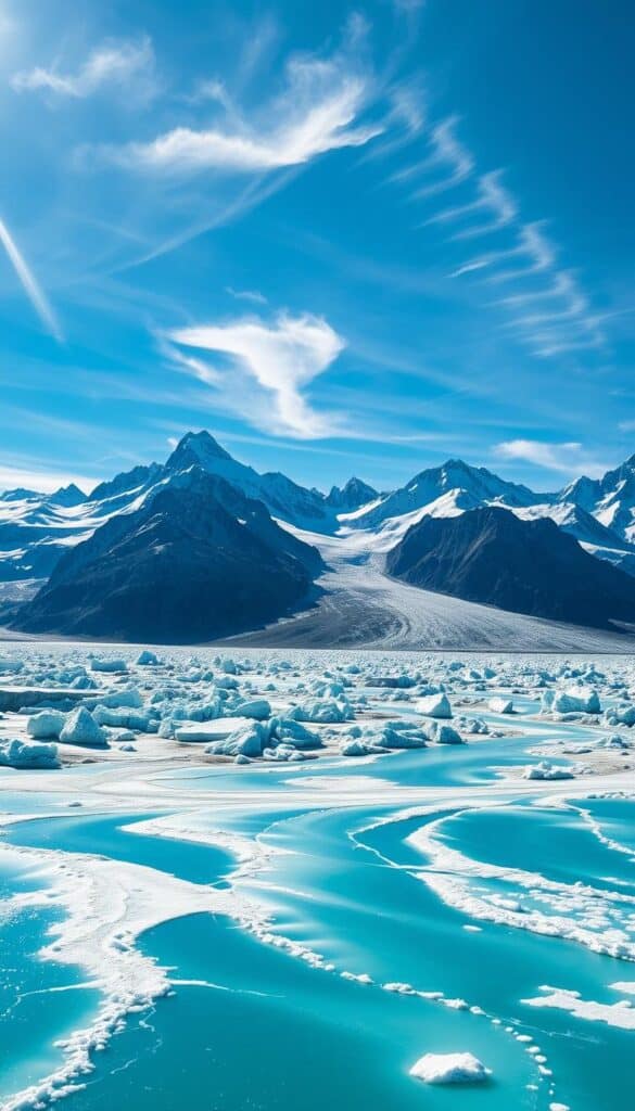 A stunning, panoramic vista of the Aletsch Glacier in the Swiss Alps. In the foreground, the vast, azure expanse of the glacier's surface, dotted with crevasses and seracs, reflecting the sunlight in a mesmerizing display. In the middle ground, the towering, snow-capped peaks of the surrounding mountains rise majestically, their jagged edges casting dramatic shadows. In the background, a hazy, azure sky, with wispy clouds drifting lazily overhead, creating a serene and awe-inspiring atmosphere. Captured with a wide-angle lens, the scene conveys a sense of grandeur and scale, inviting the viewer to immerse themselves in the breathtaking natural beauty of this iconic Swiss landscape.