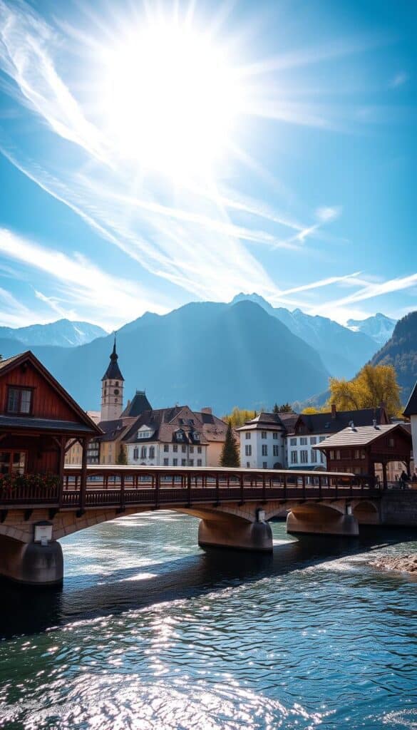 A sun-dappled alpine scene, the historic Kapellbrücke (Chapel Bridge) spanning the serene Reuss River, flanked by the majestic peaks of Mount Pilatus. In the foreground, the wooden bridge's iconic triangular roof tiles and flower-bedecked railings cast warm reflections in the shimmering waters. The middle ground reveals the quaint old town of Lucerne, its colorful facades and clock towers nestled against the dramatic mountain backdrop. High above, wispy clouds drift across a brilliant azure sky, illuminating the rugged, snow-capped summits. A wide-angle lens captures the grandeur of this timeless landscape, radiating a sense of peaceful tranquility and outdoor adventure.