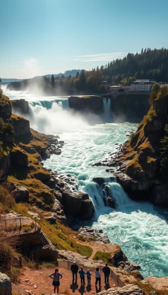 A sweeping view of the iconic Rhine Falls, Switzerland's largest and most powerful waterfall, cascading over rugged rock formations amidst the lush, verdant landscape. The roaring water thunders down in a magnificent display, with mist rising to create a captivating natural spectacle. Sunlight filters through the scene, casting a warm, golden glow and highlighting the stunning azure hues of the river. In the foreground, visitors stand in awe, taking in the breathtaking scale and power of this renowned natural wonder. The middle ground features the dramatic cliffs and rocky outcroppings that frame the falls, while the background showcases the picturesque town of Schaffhausen nestled along the riverbanks. A pristine, serene atmosphere pervades the entire composition, reflecting the tranquil beauty of this renowned Swiss travel destination.