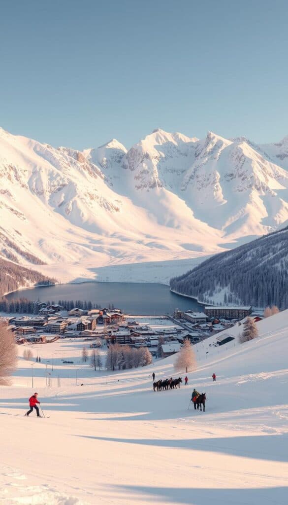An expansive winter wonderland in the Swiss Alps, the scenic town of St. Moritz nestled in the Engadin Valley. A wide-angle view reveals its iconic ski slopes blanketed in pristine snow, framed by towering snow-capped peaks bathed in warm, golden sunlight. In the foreground, skiers and snowboarders carve graceful turns down the slopes, while in the middle ground, horse-drawn sleighs glide along the frozen lake. The background is dominated by the majestic Corviglia mountain range, its rugged cliffs and glaciers casting long shadows over the peaceful scene. The crisp, clear air and glistening snowscape evoke a sense of tranquility and adventure, perfectly capturing the essence of this renowned winter sports destination.