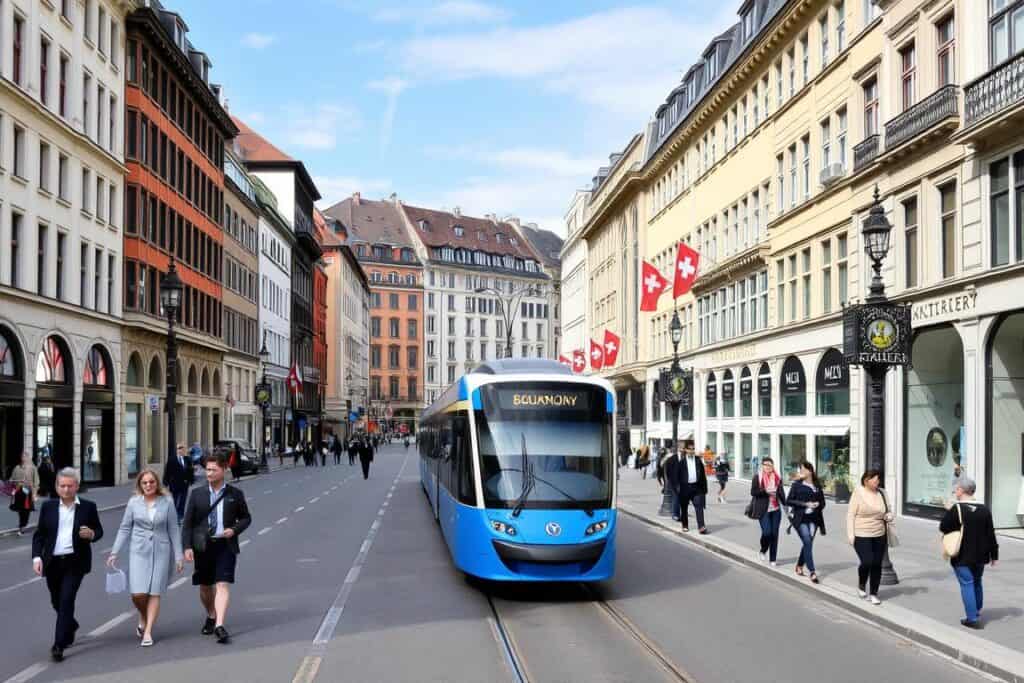 Bahnhofstrasse shopping street in Zurich with trams and shops - 7-day Switzerland itinerary