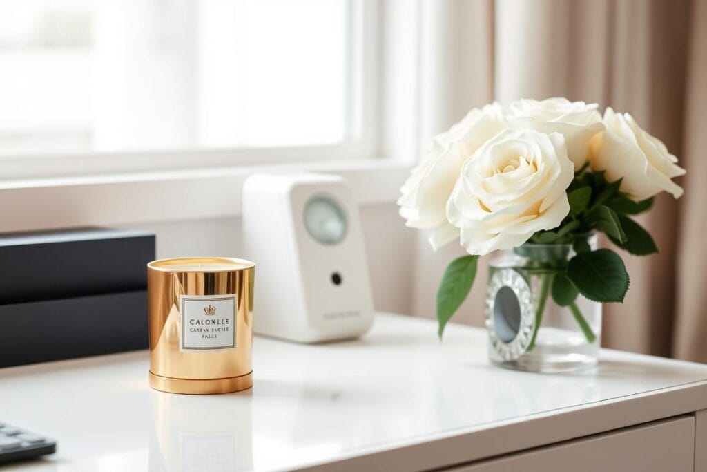 Elegant scented candle and small vase of fresh flowers on a desk corner Elegant scented candle and small vase of fresh flowers on a desk corner